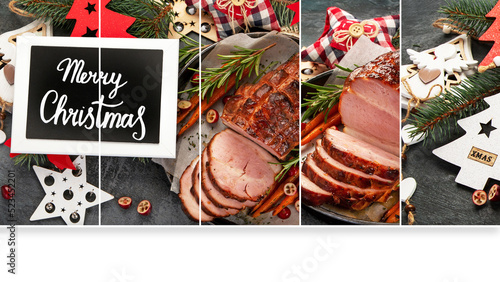 Collage of Christmas composition with baked ham.