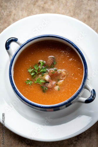 spanish traditional gazpacho cold vegetable soup in seville restaurant