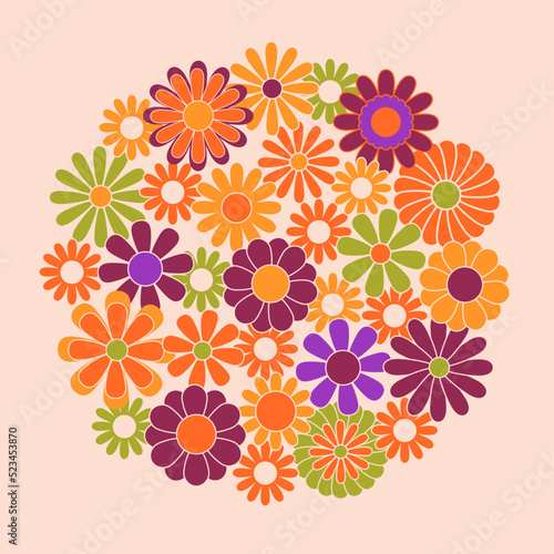 Trendy square groovy greeting card template. Colorful hippie flowers flat vector illustration. Suitable for greeting card, social media posts, mobile apps, banners design and web internet ads. Vector