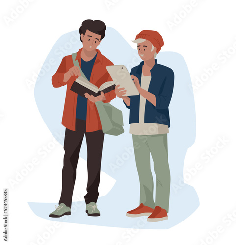 Students, schoolchildren, teenagers. The guy with the tablet. Student with a book. Back to school. Vector image.