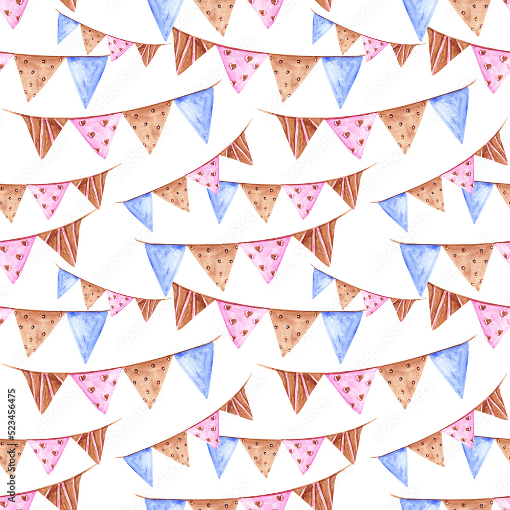 Watercolor garland seamless pattern on a white background. Hand-drawn birthday decor illustration. Party decoration. Cute flags endless print. Celebration wallpaper. Blue, brown, and pink garland. Watercolor garland seamless pattern on a white background. Hand-drawn birthday decor illustration. Party decoration. Cute flags endless print. Celebration wallpaper. Blue, brown, and pink garland.