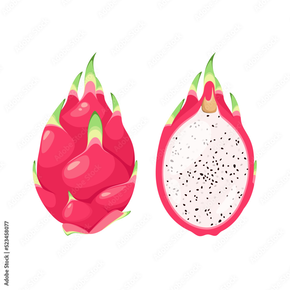 Juicy dragon fruit on a white background. Cartoon design.
Juicy dragon fruit on a white background. Cartoon design.