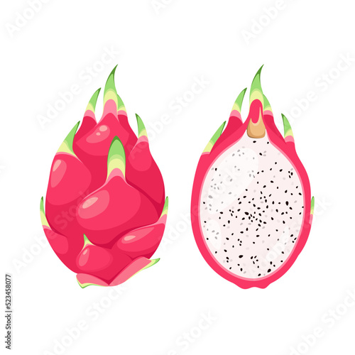 Juicy dragon fruit on a white background. Cartoon design.
