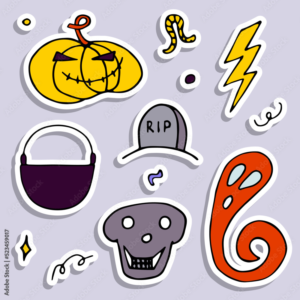 Fototapeta premium Doodle Halloween sticker set. Hand-drawn autumn pumpkin, grave, ghost, cauldron, skull on grey background. Cute scary horror banner for fall holidays, Day of the Dead. Vector color spooky illustration