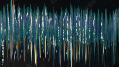 Digital glitch texture. Static noise. Cyber defect. Teal blue purple orange black color distortion vibration artifacts illustration abstract background.