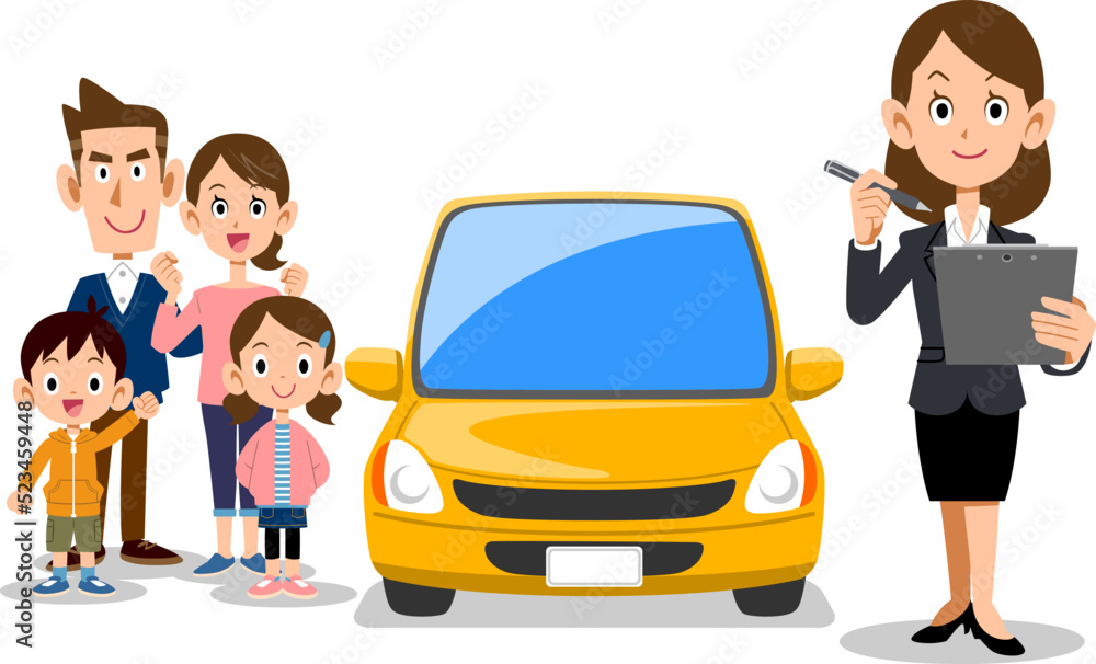 書類に記入するスーツの女性と車と家族

