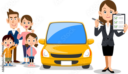 チェックリストを見せるスーツの女性と車と家族
