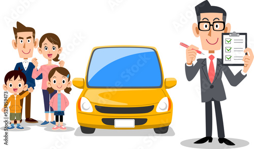 チェックリストを見せるスーツの男性と車と家族
