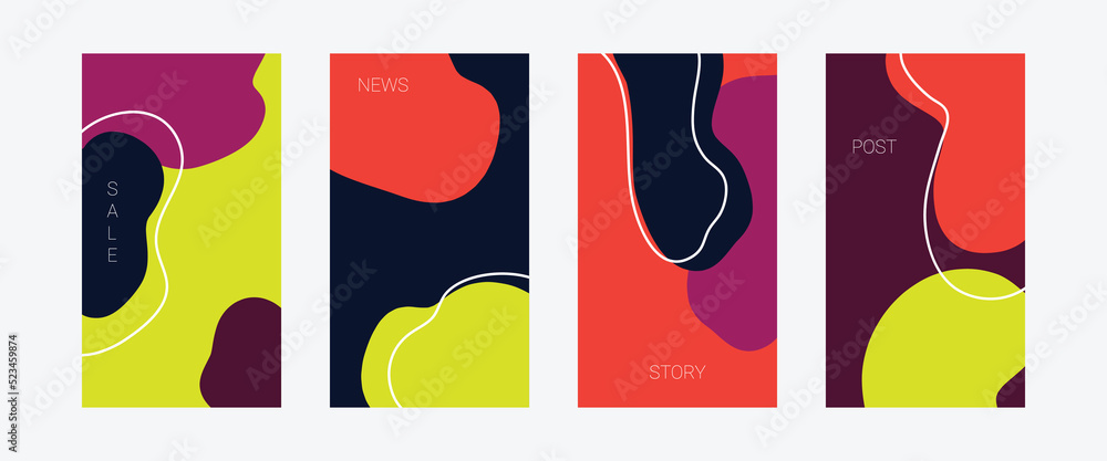 Set of four social media background templates for stories, posts and covers, in modern neon cow print design.