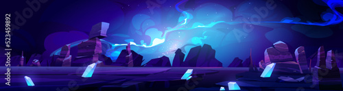 Alien planet landscape with fantastic explosion in outer space. Vector cartoon illustration of stone land surface with rocks, blue crystals, stars and nebula in night sky
