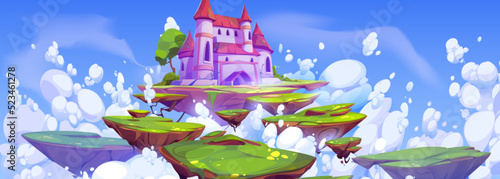 Pink magic castle on floating island in blue sky with fluffy clouds. Fantasy summer landscape with royal palace and flying ground pieces with green grass in heaven, Cartoon vector illustration
