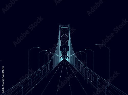 Outline of a bridge with lanterns made of blue lines isolated on a dark background. Front view. Vector illustration.