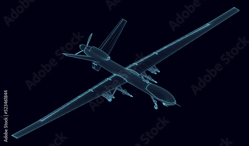 Blue lines unmanned aerial vehicle wireframe isolated on dark background. Combat drone. Isometric view. 3D. Vector illustration.