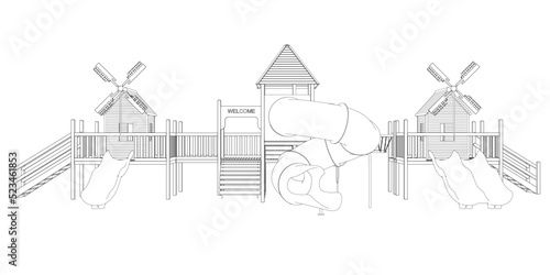 Outline of a playground with slides from black lines isolated on a white background. Front view. Vector illustration.