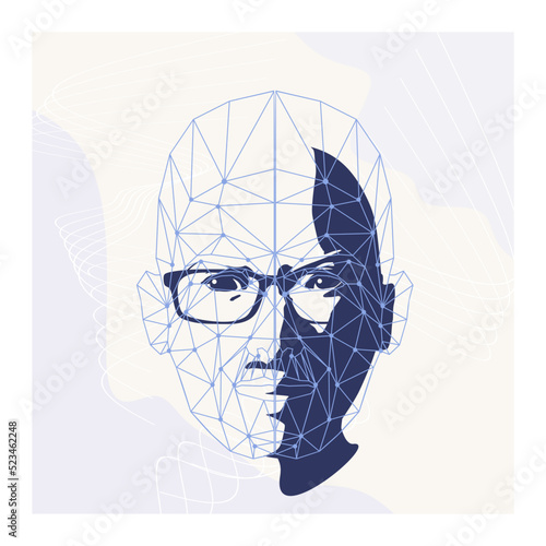 Wireframe mesh head shape consisting of connected dots and lines. Human face silhouette