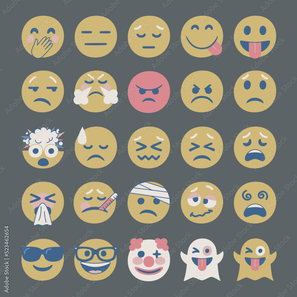 Obraz premium Set of 100 vector facial expression illustrations. Collection of multicolor chat emoji icons. 
