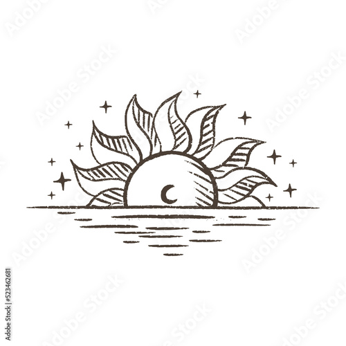 Sunrise of the magical sun Boho, vector art of the sun. Elements for design, tattoos, stickers. Hand draw Sunset. 