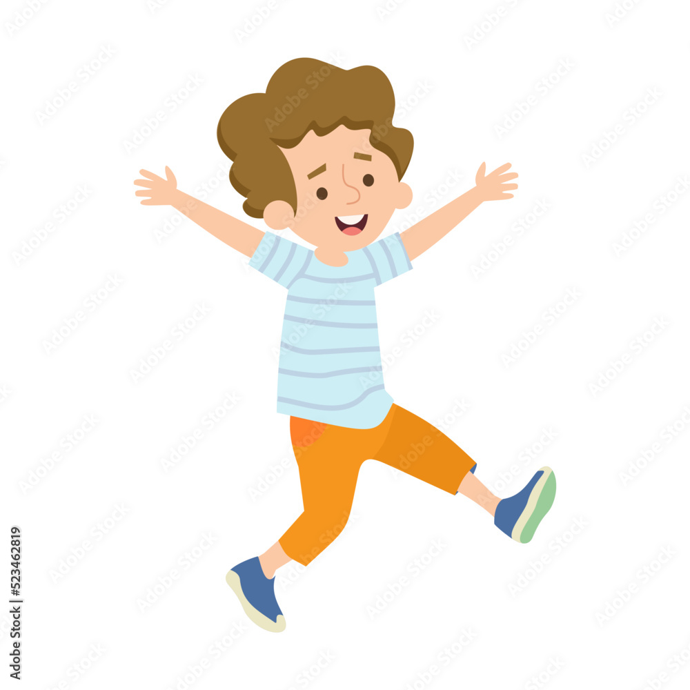 Happy boy jumping on summer meadow flat vector illustration. Cartoon boys and girls playing in park at daytime. Kindergarten and childhood Happy boy jumping on summer meadow flat vector illustration. Cartoon boys and girls playing in park at daytime. Kindergarten and childhood