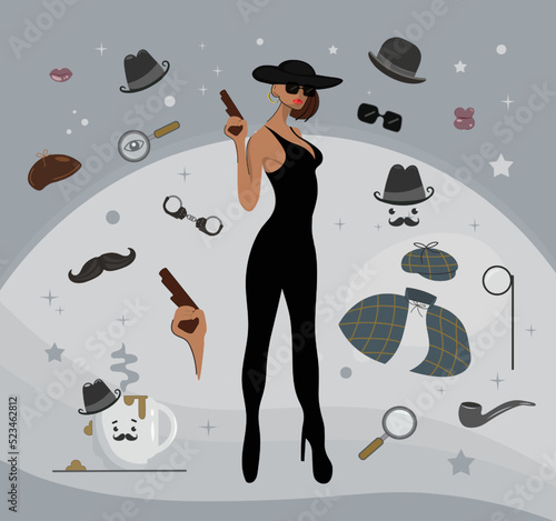 Detective set. Design of a female character with equipment. Icon set elements: gangster lady, bowler hat, pipe, coffee cup, handcuffs, magnifying glass, mustache, etc. Vector illustration, retro style