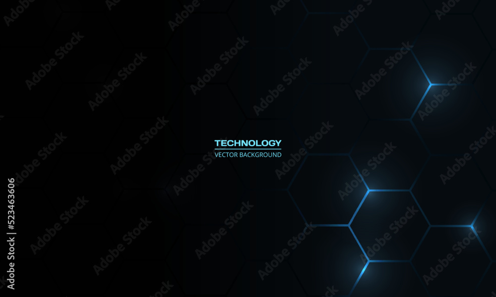 Black abstract technology background with neon blue hexagonal lines ...