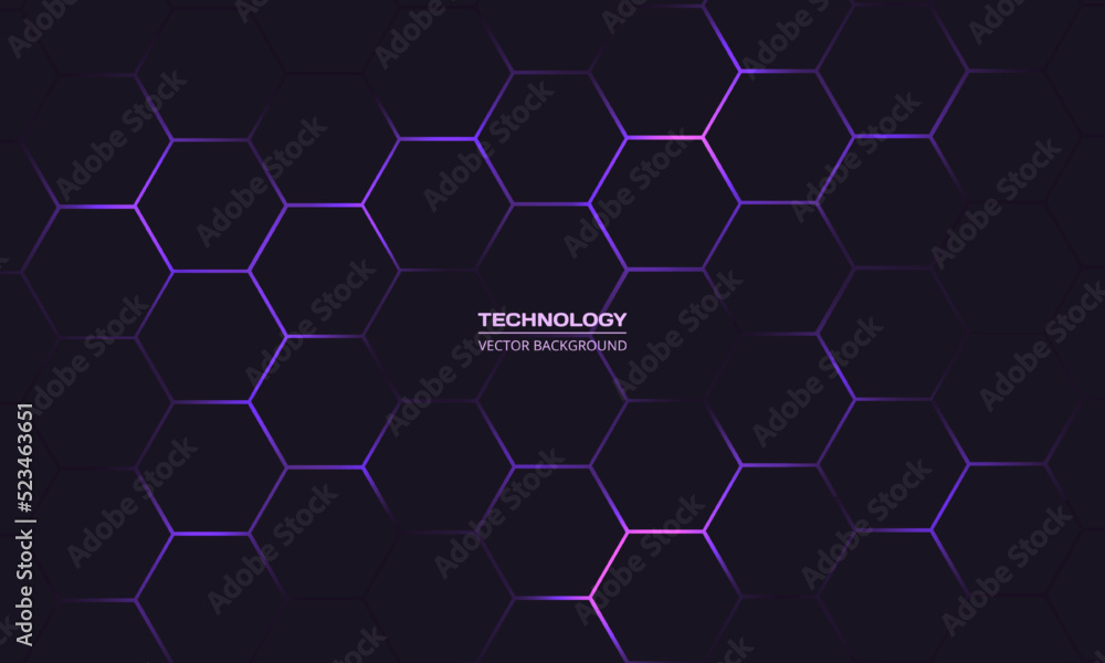 Dark hexagon abstract technology background with purple colored bright flashes under hexagon. Hexagonal gaming vector abstract tech background. - obrazy, fototapety, plakaty 