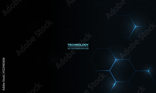 Black abstract technology background with neon blue hexagonal lines. Tech gaming hexagon vector abstract honeycomb background.