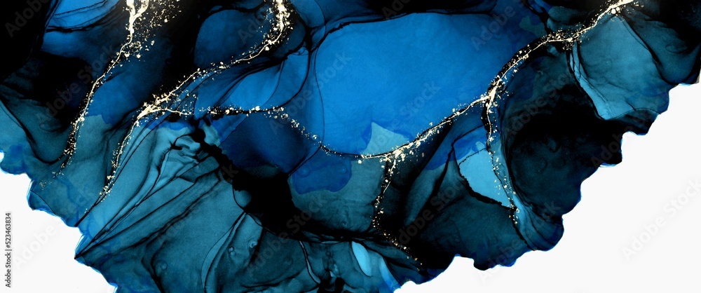 Alcohol ink background with golden kintsugi paths design elements, deep blue luxury hand painted artwork, strong dark contrast, unique wallpaper, graphic for book cover, printed materials Alcohol ink background with golden kintsugi paths design elements, deep blue luxury hand painted artwork, strong dark contrast, unique wallpaper, graphic for book cover, printed materials