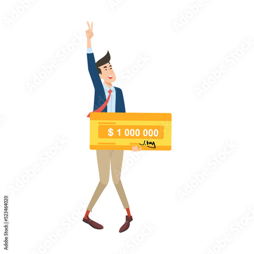 Happy guy winning million dollars flat vector illustration. Young winners holding money bank cheque from jackpot. Lottery gain, prize