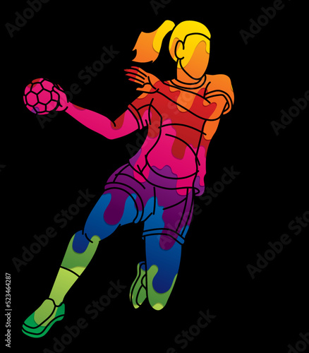 Handball Sport Woman Player Action Cartoon Graphic Vector