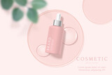 Cosmetics and skin care product ads template on pink background with water drop.