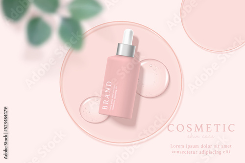 Cosmetics and skin care product ads template on pink background with water drop.