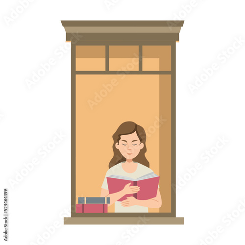 Apartment building facade with neighbor people in open windows. Men and women drinking coffee, reading, talking. Vector illustration for staying at home