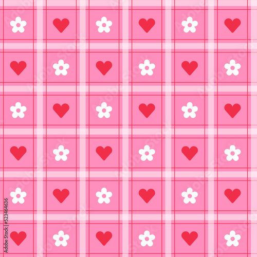 Cute Heart Love  Daisy Flower Caring Valentines Day Element Red Pink Stripe Striped Line Tilt Checkered Plaid Tartan Buffalo Scott Gingham Pattern Cartoon Vector Seamless Pattern Print Background