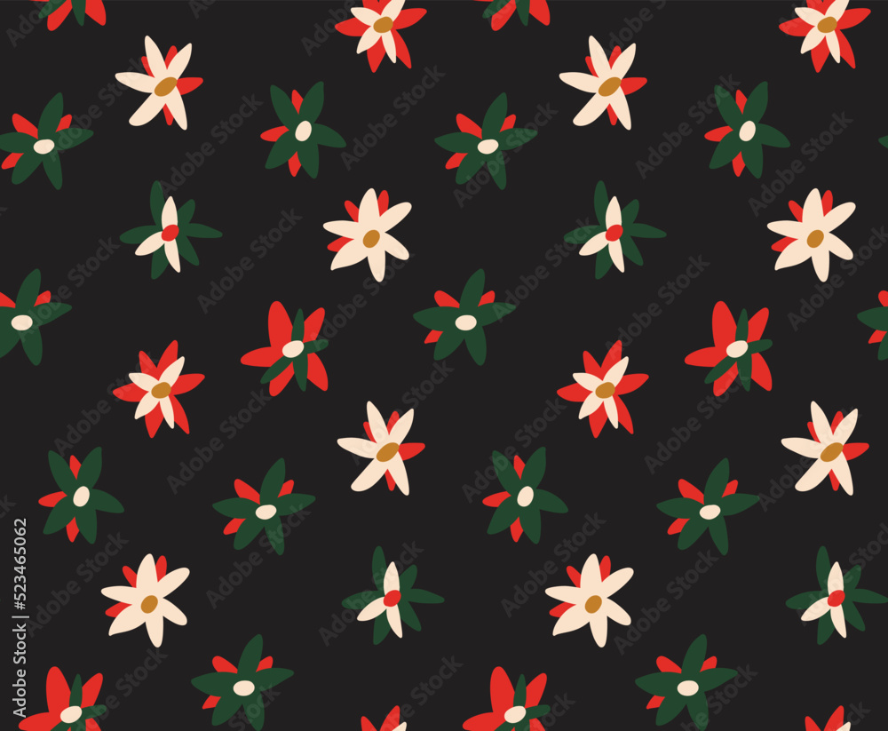 Seamless floral pattern with winter plants. Winter floral background. Colorful pattern with Christmas floral elements on a black background. Holiday design for Christmas and New Year fashion prints. Seamless floral pattern with winter plants. Winter floral background. Colorful pattern with Christmas floral elements on a black background. Holiday design for Christmas and New Year fashion prints.