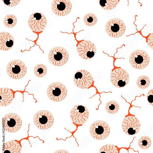 Vector seamless pattern with the bloody eyeballs on white background. Halloween, creepy, psychedelic eyes wallpaper.
