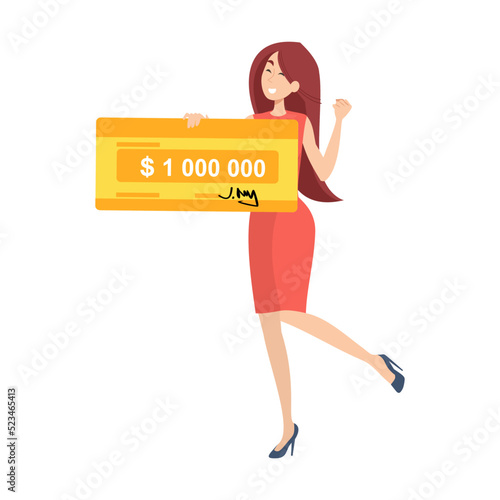 Happy girl winning million dollars flat vector illustration. Young winners holding money bank cheque from jackpot. Lottery gain, prize