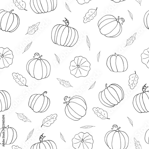 pumpkin and leaves seamless pattern hand drawn in doodle. vegetables in a simple line style