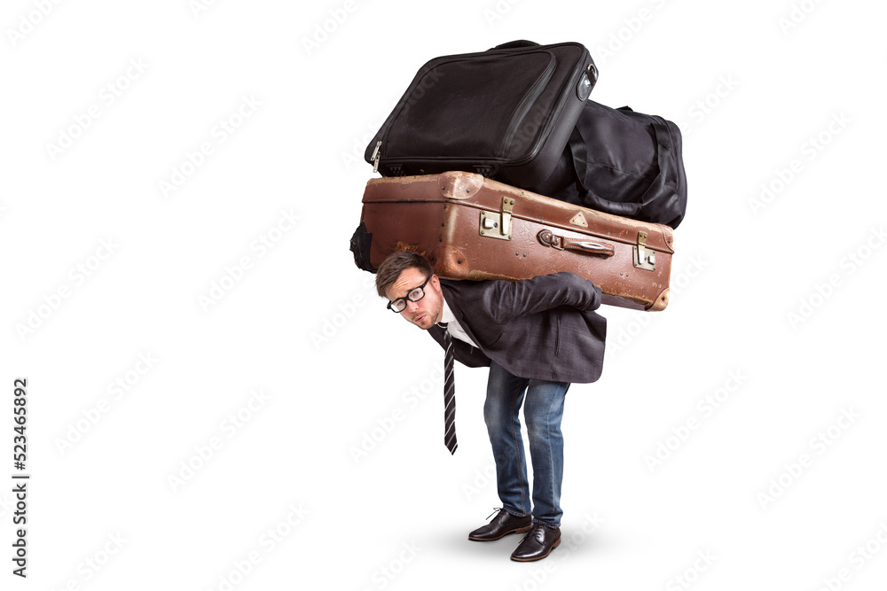 Man carrying a lot of heavy luggage on his back Stock Foto Adobe Stock