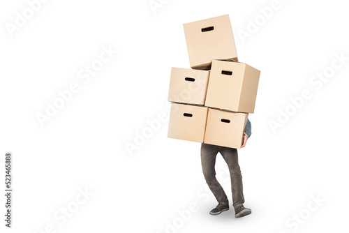 Person carrying a big stack of cardboard boxes photo
