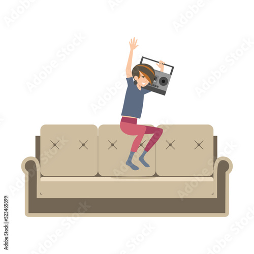Teenager in tape recorder in his hands listens to music and jumps on sofa. Flat vector isolated on white background