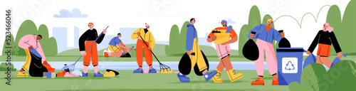 Volunteers collect trash in city park, people clean up garbage. Characters put litter in recycling bins and sacks, ecology, nature protection and social charity concept, Line art vector illustration
