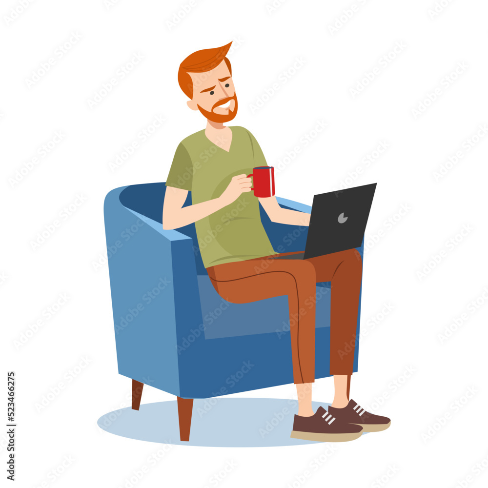 Smiling man in armchairs drinking coffee flat vector illustration. Cartoon people relaxing and talking at lunch. Coffee break and office Smiling man in armchairs drinking coffee flat vector illustration. Cartoon people relaxing and talking at lunch. Coffee break and office