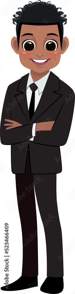 Flat icon with African American cute businessman cartoon character in office style smart black suit and crossed arms pose Flat icon with African American cute businessman cartoon character in office style smart black suit and crossed arms pose