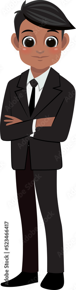 Flat icon with African American cute businessman cartoon character in office style smart black suit and crossed arms pose Flat icon with African American cute businessman cartoon character in office style smart black suit and crossed arms pose