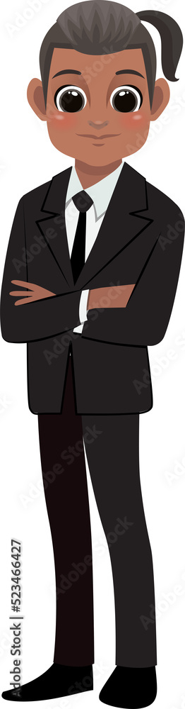 Flat icon with African American cute businessman cartoon character in office style smart black suit and crossed arms pose
