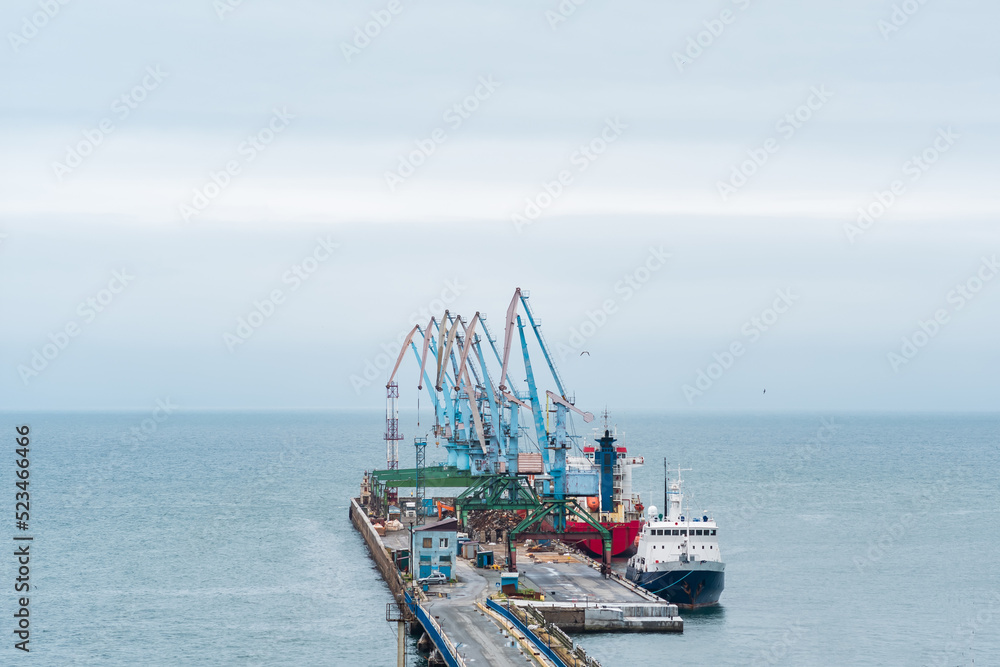 cargo berth with port cranes and moored ships against the backdrop of the open sea cargo berth with port cranes and moored ships against the backdrop of the open sea