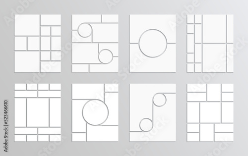 Abstract forms photo collage layout. Mosaic pictures frame. Moodboard grid. Mood board template. Album brandboard. Gallery banner. Portfolio images. Retro background. Vector illustration
