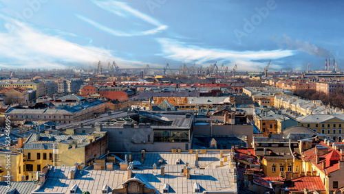 St. Petersburg city landscape panoramic view from above on the western part of the city towards the seaport