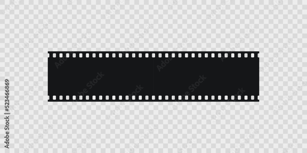 Obraz premium Old cinematic frame. Black photo roll on transparent background. Vintage camera reel. Retro video seamless border. Negative filmstrip. Close-up cinema strip. Vector illustration.