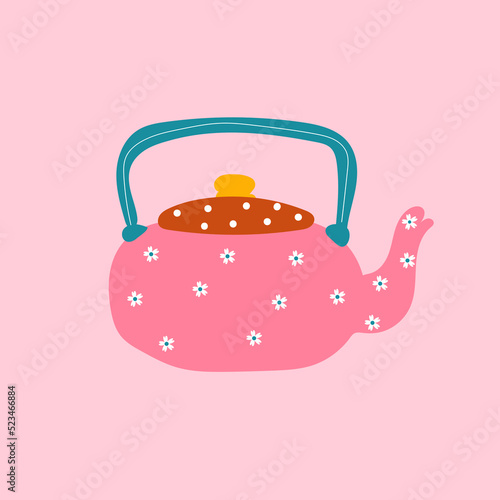 Autumn illustration, sticker kettle, teapot with homely cute things. Vector design for card, poster, flyer, web and other use